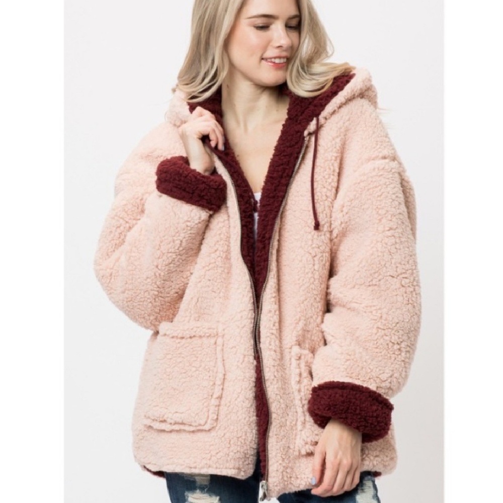 Wine & Pink Reversible Sherpa Coat